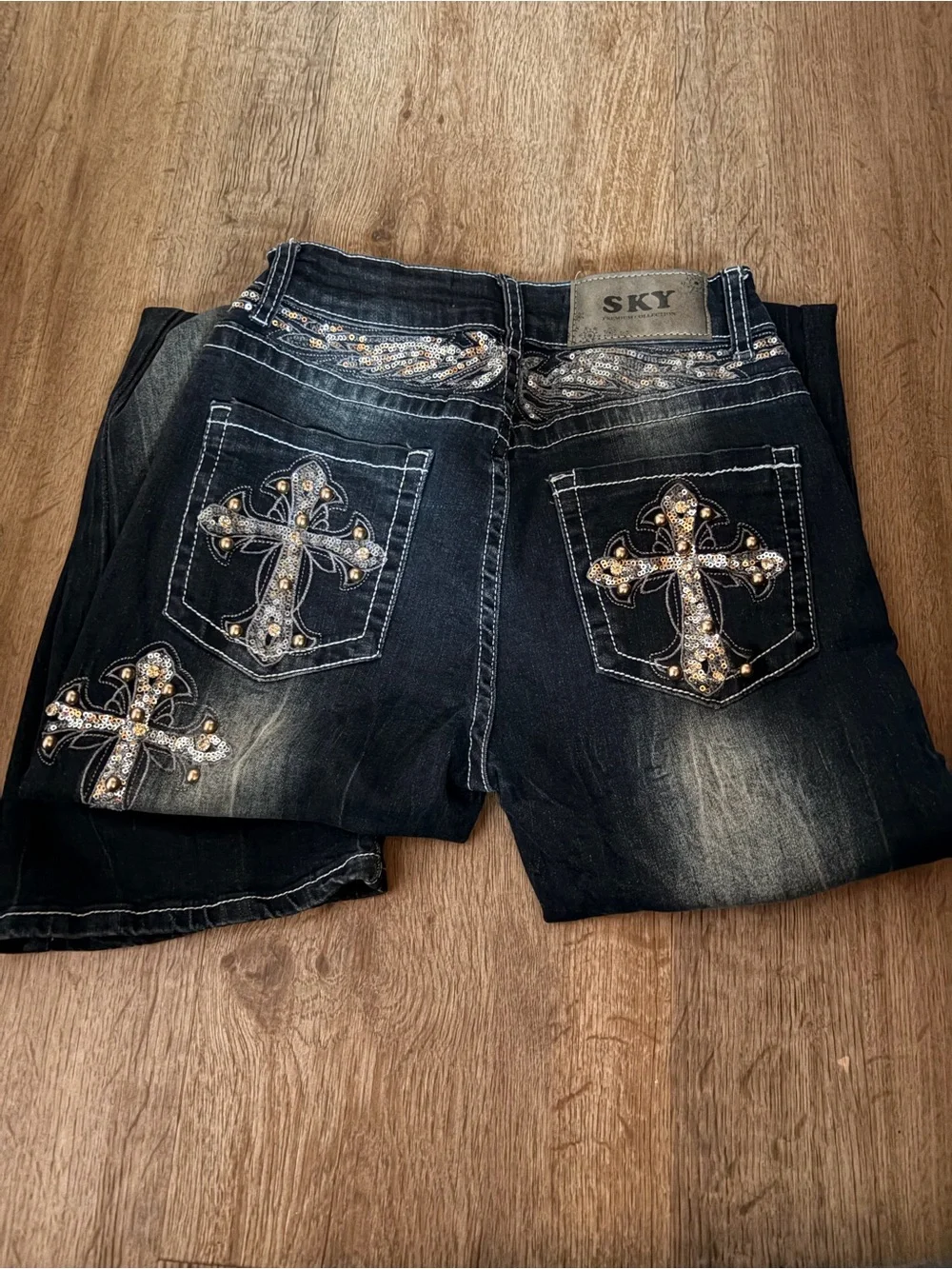 Sky Black Washed Flare Jeans with Faded Detail - Picture 2 of 5